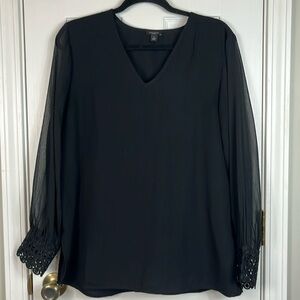 Ann Taylor Factory black top size medium. Sheer sleeves w lace cuffs. Long.